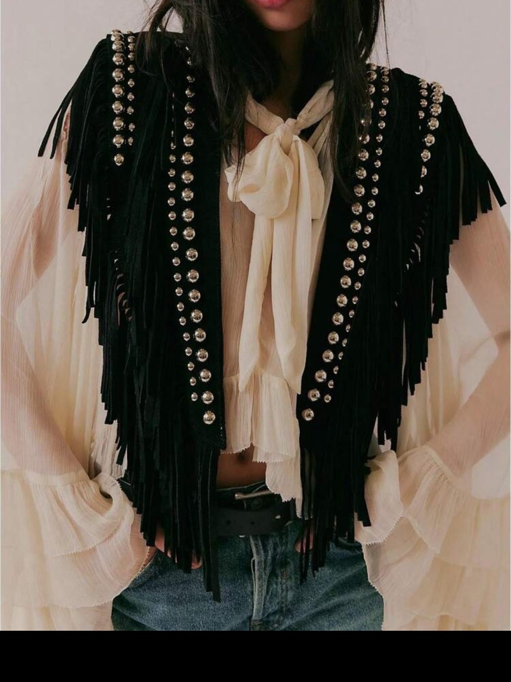 Black Fringe Suede Necklace Collar with Stud Detail free people